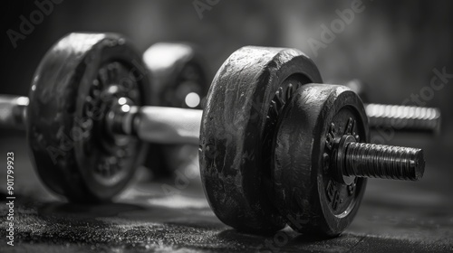 Heavy Black Dumbbells Resting on a Gym Floor After a Weightlifting Session at Dusk