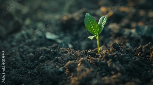 Small plant growing in fertile soil on a sunny day