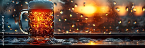 a glass of beer on a window sill.