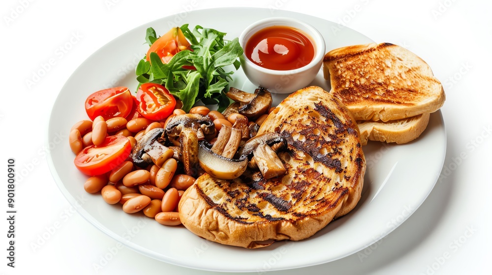 Full English breakfast with baked beans, grilled tomato, and mushrooms on solid white background Full English breakfast with baked beans, grilled tomato, and mushrooms on solid white background