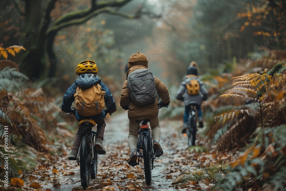 Children Riding Bicycles Through Autumn Forest Path Covered in Colorful Leaves Children Riding Bicycles Through Autumn Forest Path Covered in Colorful Leaves