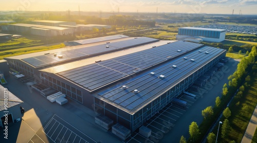 Industrial building utilizing solar panels on roof for green energy