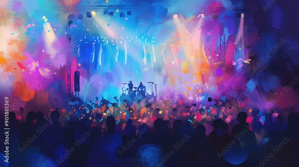 Silhouettes of a crowd at a concert with colorful stage lighting. Silhouettes of a crowd at a concert with colorful stage lighting.