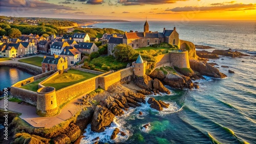 Rugged coastline of Normandy's Saint Vaast La Hougue village features historic fortifications and majestic sea views at golden hour.
