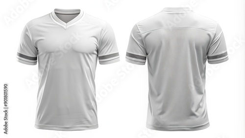 Blank white football jersey with sleeve cuffs and collar, front and back views, empty space for customized name and number design.