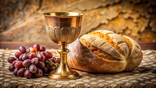 Elegant wine chalice and artisanal bread arrangement on ornate tablecloth, symbolic of Catholic sacrament, ideal for religious and cultural designs.