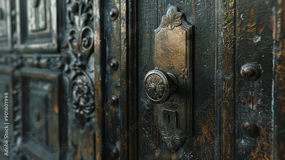 Intricate bronze door handle and aged wooden door with intricate carvings in an old building, showcasing craftsmanship from a bygone era Intricate bronze door handle and aged wooden door with intricate carvings in an old building, showcasing craftsmanship from a bygone era
