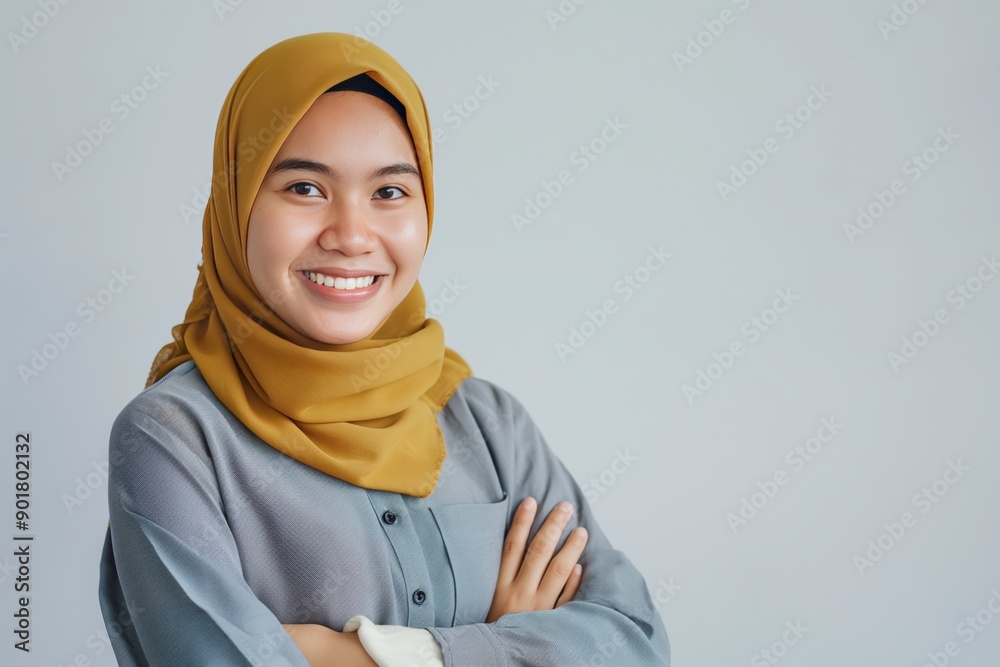 Young muslim businesswoman smiling with arms crossed on white background