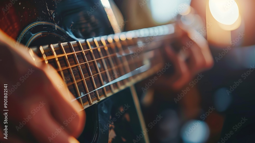 Fototapeta premium Macro shot of a guitar's strings being strummed. 
