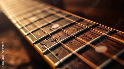 Macro shot of a guitar's strings being strummed.