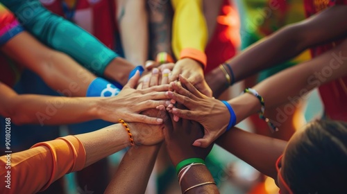 Diverse athletes holding hands in unity at the Paris 2024 Olympics.