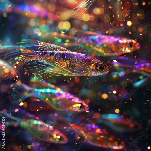 Futuristic Shoal: Energetic Minnows in Holographic Rainbow Patterns photo