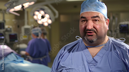 Surgeon Explaining Surgical Procedures to Camera, Busy Operating Room Background,