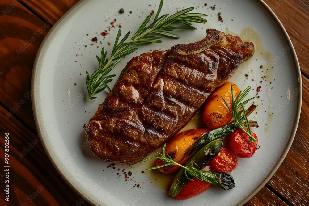 Grilled beef steak lying on white plate with vegetables and rosemary Grilled beef steak lying on white plate with vegetables and rosemary