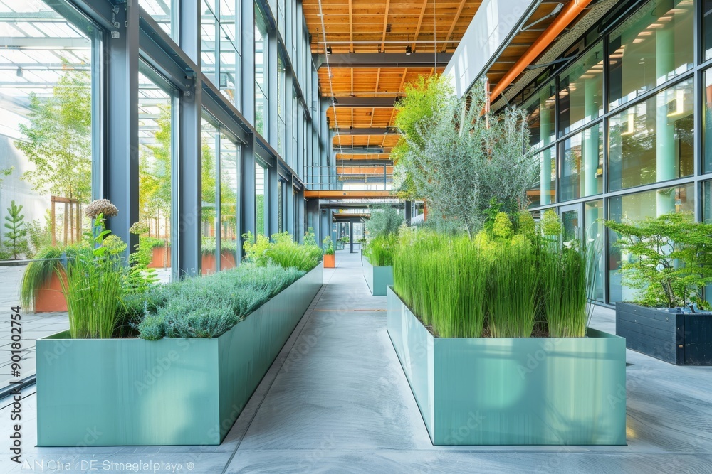 Indoor garden with large planters green plants and bright natural light creating a serene and refreshing environment Indoor garden with large planters green plants and bright natural light creating a serene and refreshing environment