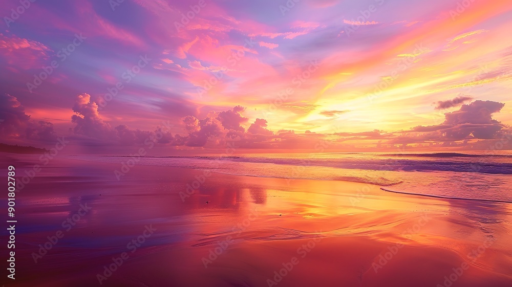 Fototapeta premium Sunrise at the beach, with the sun casting a golden glow over the water and sand. Perfect for themes of beauty, tranquility, and new beginnings