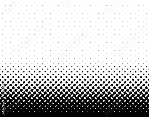 Geometric pattern of black squares on a white background. Seamless in one direction. Small figures from above. Large ones at the bottom with short dissolution