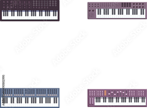 Various synthesizer icons set cartoon vector. Electromusical techno synthesizer. Musical instrument