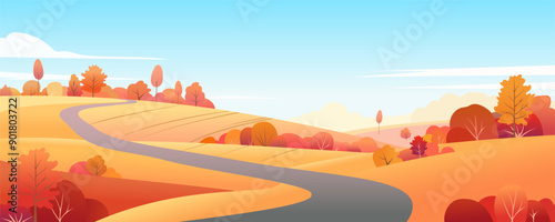 Autumn landscape with hills and a winding road. Trees with autumn leaves in different shades dot the landscape and the sky is clear blue with few clouds. Autumn season vector illustration.
