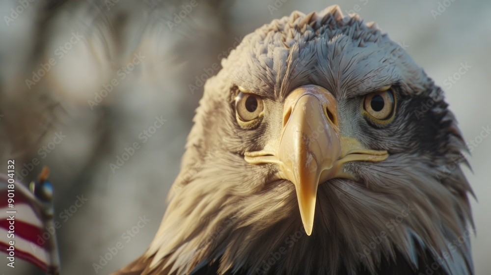 A detailed view of a bald eagle grasping the corner of the American flag, perfect for patriotic or nature-inspired themes A detailed view of a bald eagle grasping the corner of the American flag, perfect for patriotic or nature-inspired themes