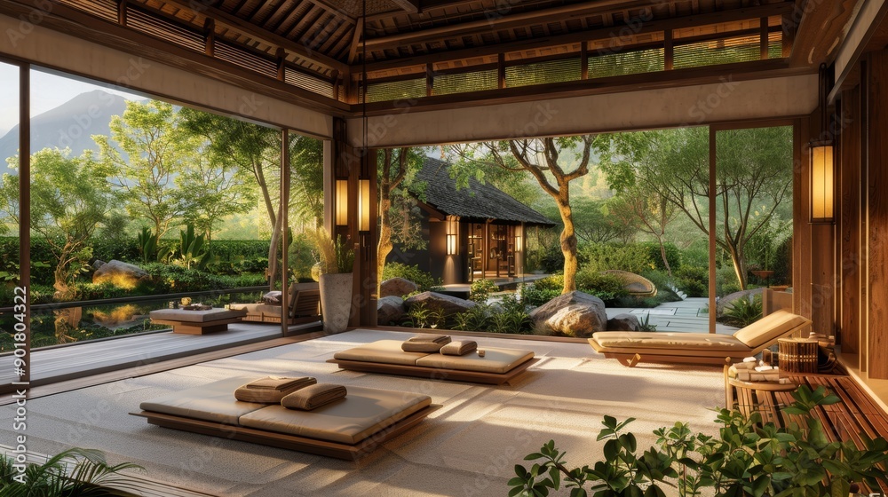 Wide shot of a wellness retreat. Wide shot of a wellness retreat.