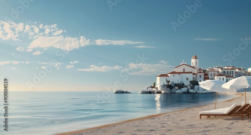 Beach Scene With White Buildings and Umbrellas