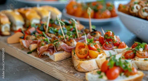 Sausage and Tomato Bites on a Wooden Cutting Board