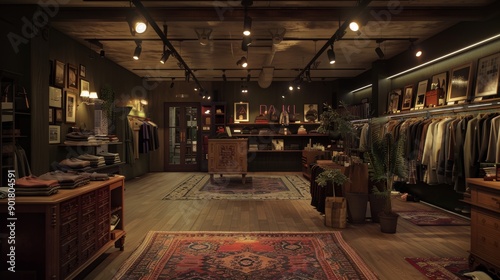 Wide view of a clothing boutique interior. 