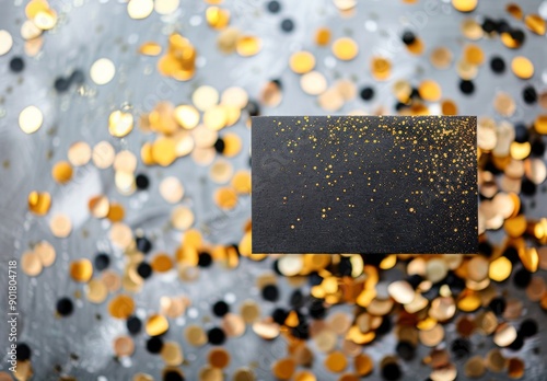 Black Card With Gold Glitter on Gray Background