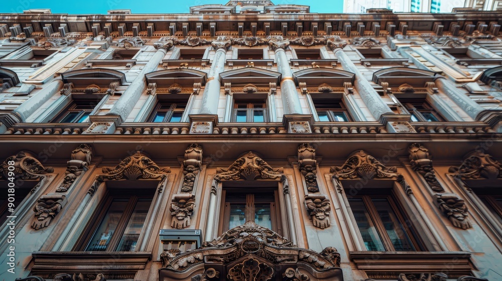 Wide view of a historic building's facade. Wide view of a historic building's facade.