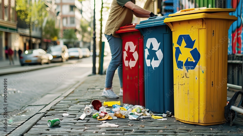 Fototapeta premium People take out plastic bags of trash or recycling bins. Recyclable Bottles Garbage Bin. AI generated image