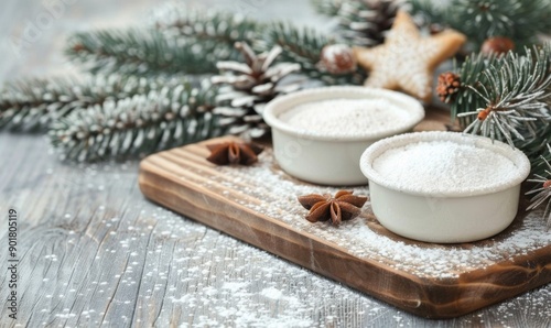Powdered Sugar and Star Anise on Wooden Cutting Board