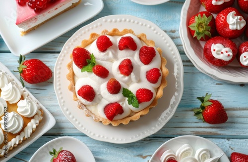Raspberry and Strawberry Dessert Tarts on Blue Table