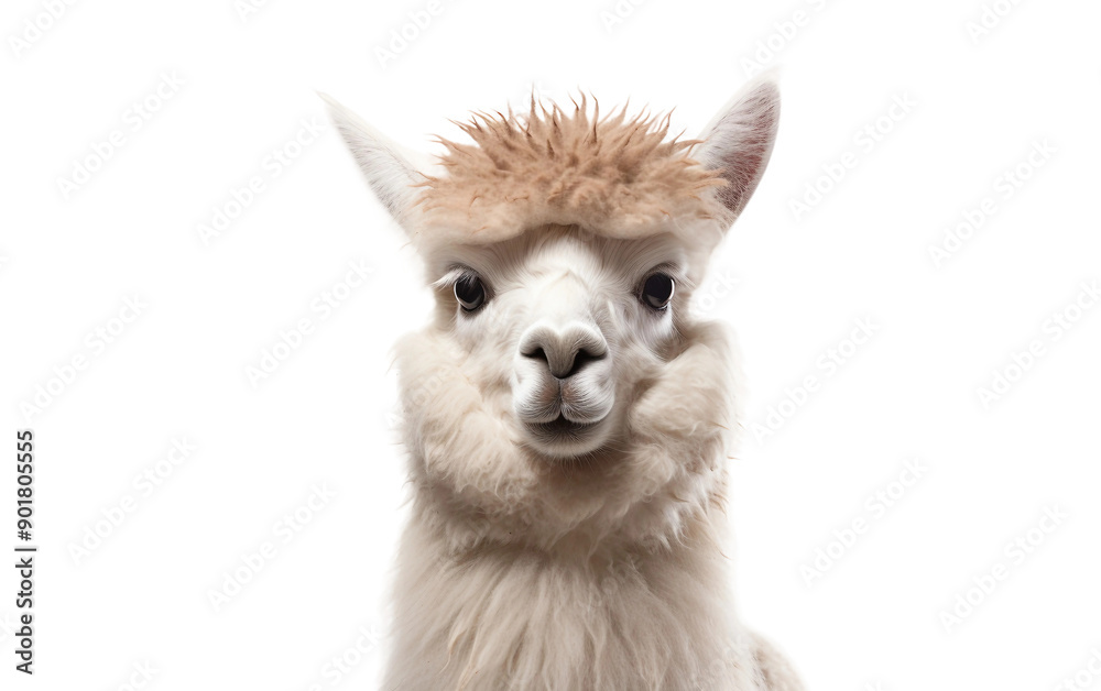 This image portrays an adorable alpaca with a fluffy coat and a calm expression, set against a clean white background, emphasizing the alpaca's charming features in detail. This image portrays an adorable alpaca with a fluffy coat and a calm expression, set against a clean white background, emphasizing the alpaca's charming features in detail.