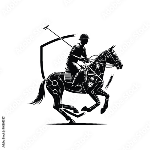 polo player riding horse male player with cyberpunk, glitch pattern illustration, emblem shield badge