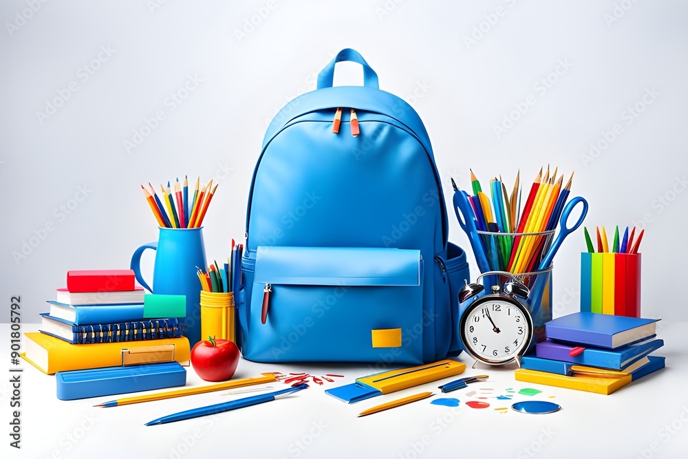 Back to school vector template design. Welcome back to school text with educational supplies like backpack, water color, notebook and calculator in blue background. Vector illustration. Back to school vector template design. Welcome back to school text with educational supplies like backpack, water color, notebook and calculator in blue background. Vector illustration.