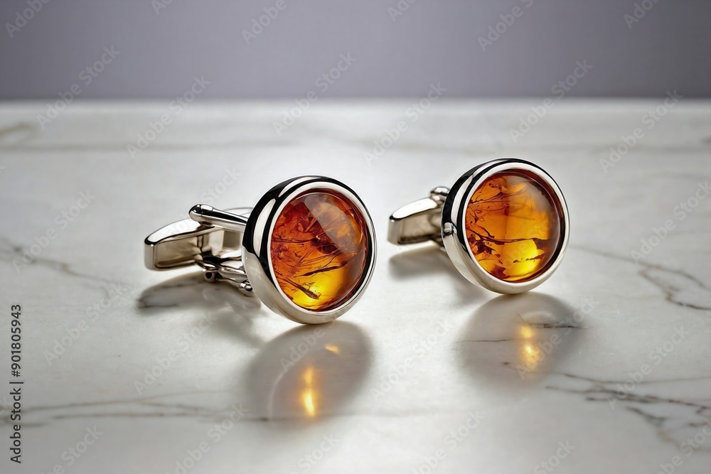 Amber Cufflinks on White Marble Surface: A pair of amber cufflinks elegantly arranged on a polished white marble slab. Amber Cufflinks on White Marble Surface: A pair of amber cufflinks elegantly arranged on a polished white marble slab.