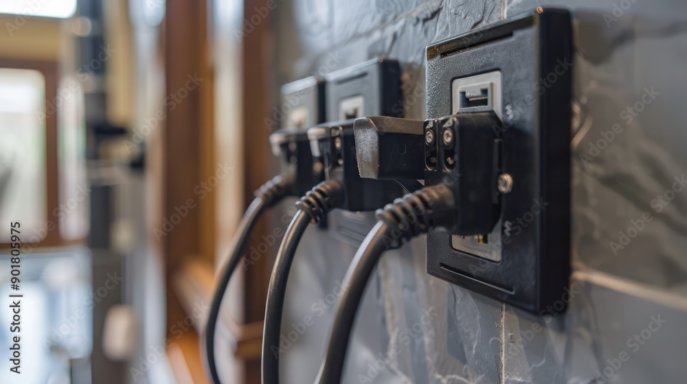Close-up of an electrical outlet with plugged-in devices, showing energy consumption. Close-up of an electrical outlet with plugged-in devices, showing energy consumption.