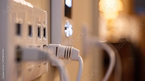 Close-up of an electrical outlet with plugged-in devices, showing energy consumption. 