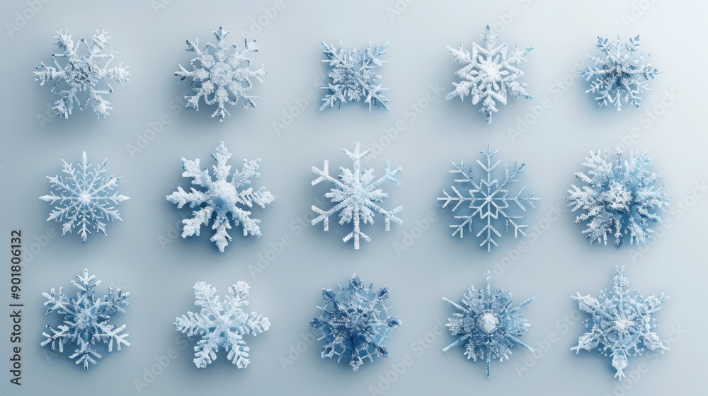 High-resolution image of various intricate and unique snowflakes arranged in a grid pattern on a light background. High-resolution image of various intricate and unique snowflakes arranged in a grid pattern on a light background.
