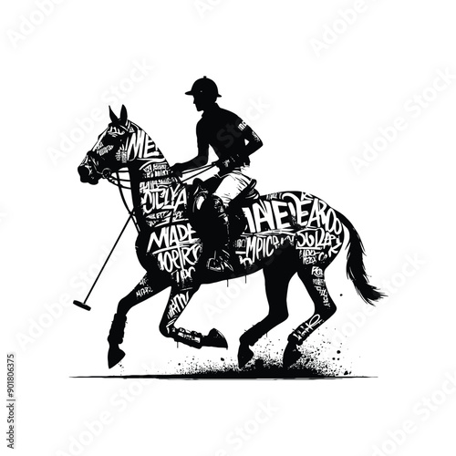 polo player riding horse male player with graffiti tags, street art pattern illustration, emblem shield badge