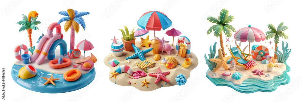 Fototapeta premium Colorful Beach Scene with Palm Trees, Umbrellas, and Summer Accessories in Playful Style