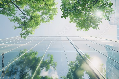 3d render of morning view to perspective glass building, camera positioned at ground level, looking up towards the building