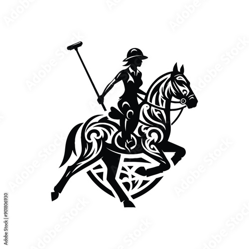 polo sport female player with ethnic tribal tattoo, gothic, pattern illustration, emblem shield badge