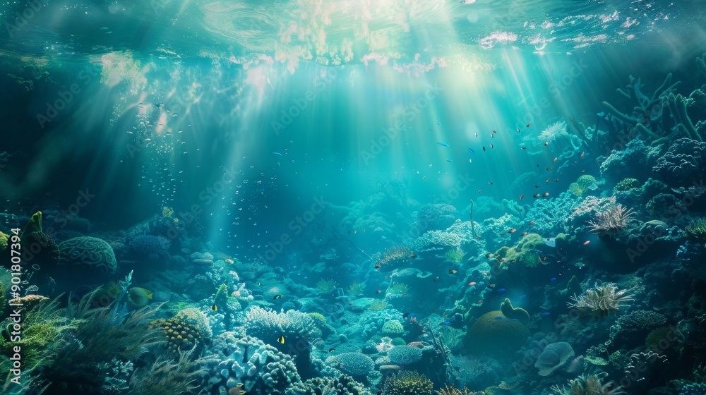 Fototapeta premium Sunlit Coral Reef with Diverse Marine Lif