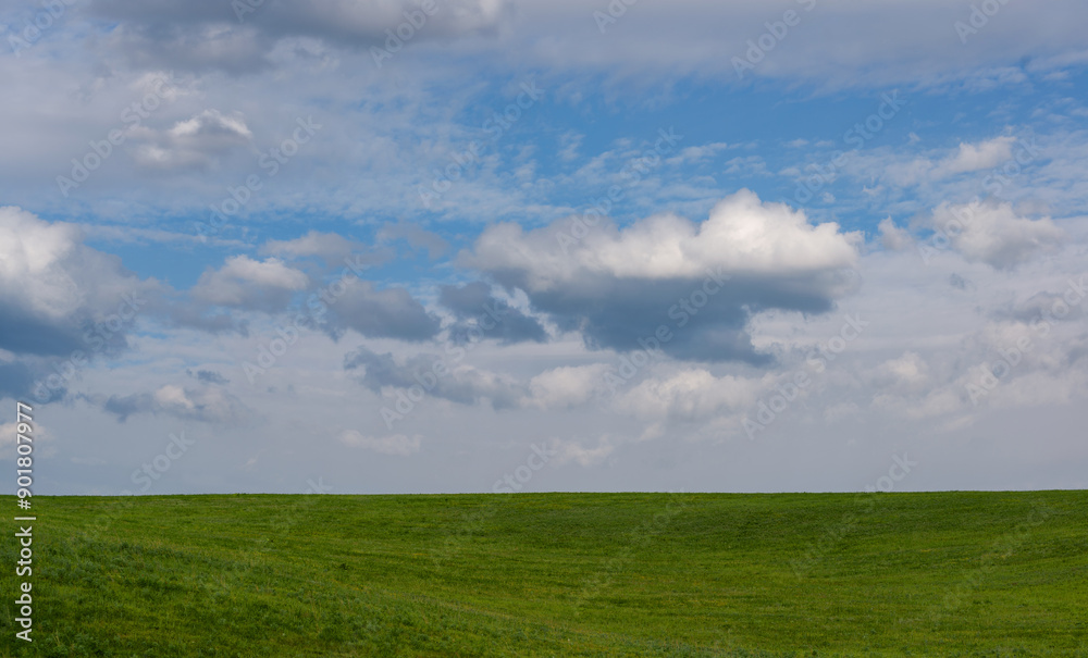 Valley with green grass under cloudy sky