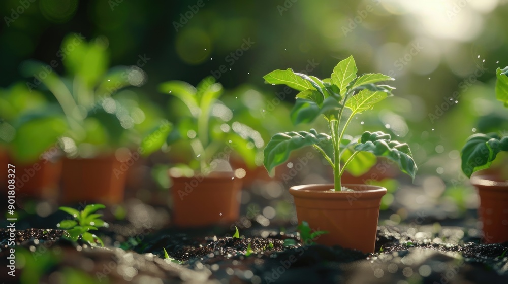 Fresh Young Plants in Terracotta Pots Basking in Sunlight Fresh Young Plants in Terracotta Pots Basking in Sunlight