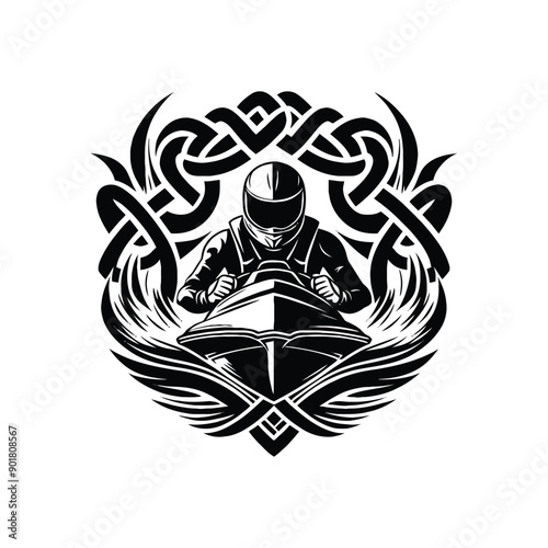 Powerboat Racing male player with celtic knot, nordic pattern illustration, emblem shield badge