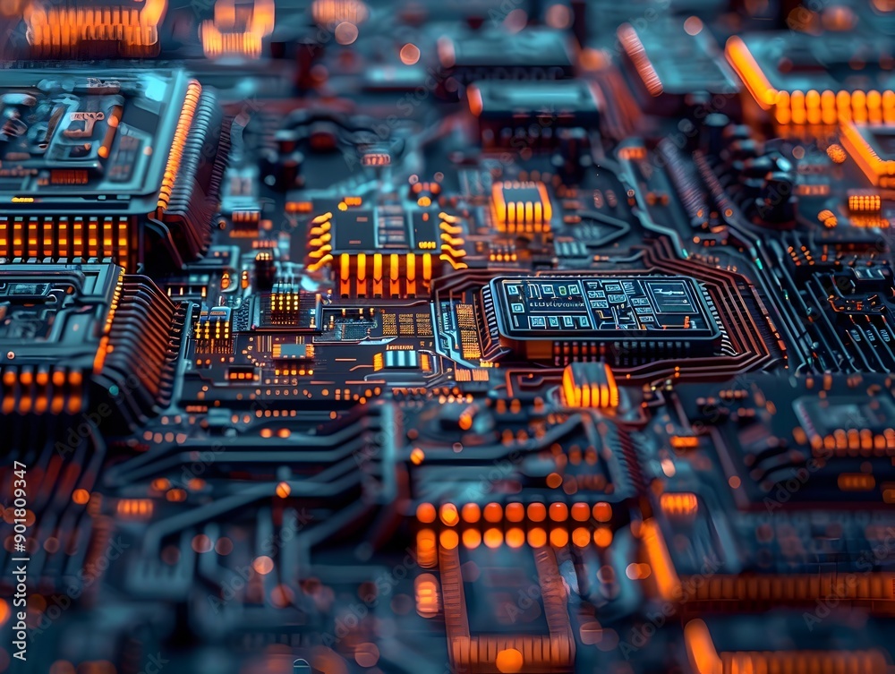 Photograph of Intricate Computer Microchip Surface with Reflective Metal Transistors and Circuit Photograph of Intricate Computer Microchip Surface with Reflective Metal Transistors and Circuit