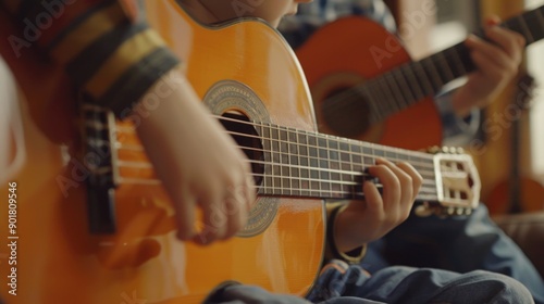 A person's hands play a guitar in close-up, great for music-related uses